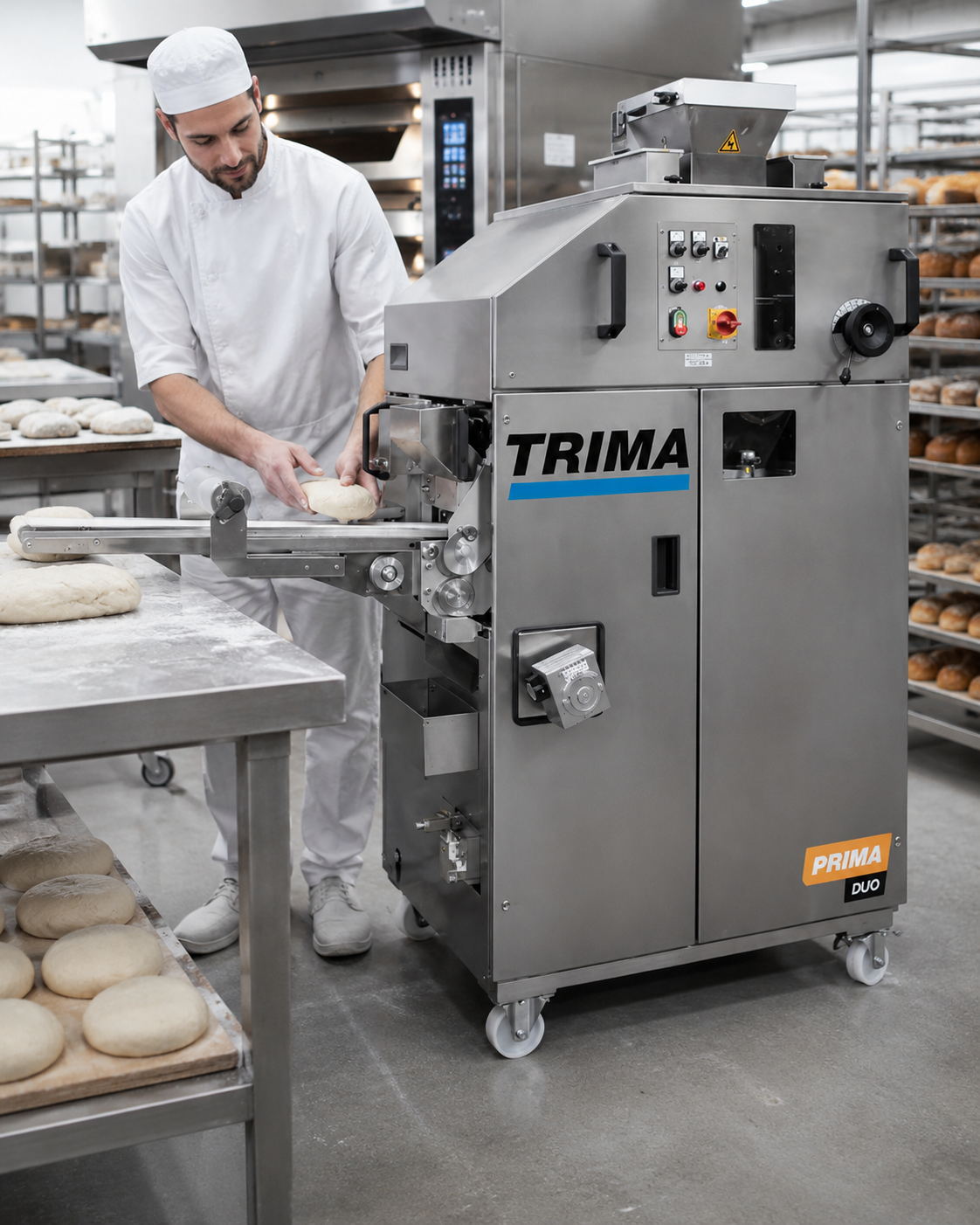 A hydraulic divider opening on a portioned batch of equal dough pieces