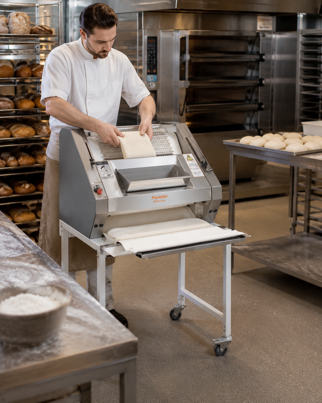 Baguette moulder in operation