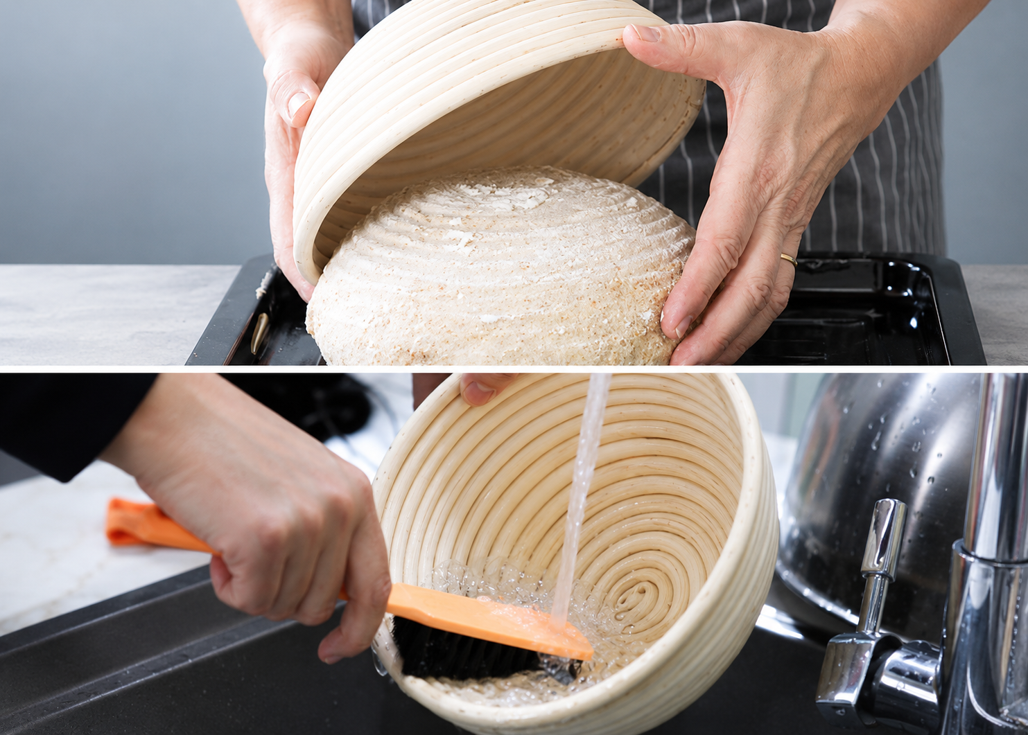 Dry brush cleaning the cane weave